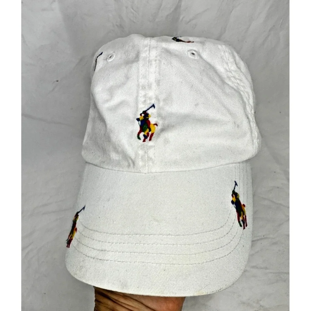 Polo Ralph Lauren Baseball Cap White Rainbow Embroidered Horses Cotton As Is